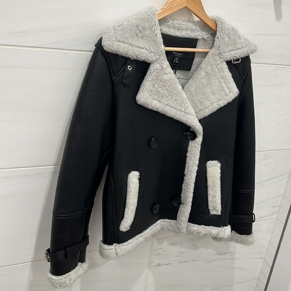 Muubaa London | NWT Black Leather Finish Button Front Shearling Jacket - Sz UK12 - Picture 4 of 12